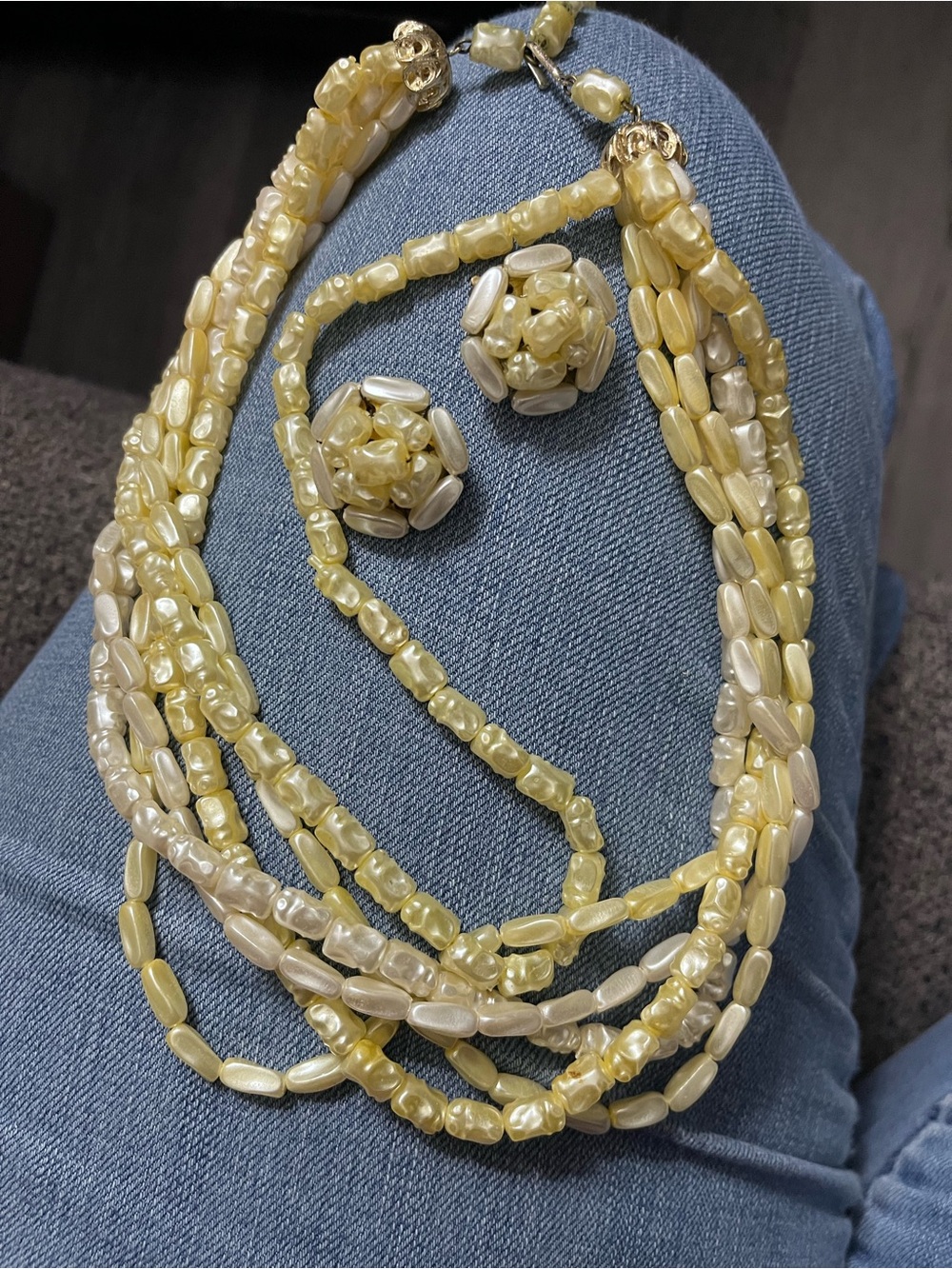 Vtg 50s Hong Kong Lucite Baroque Pearl 6 Strand Necklace Set